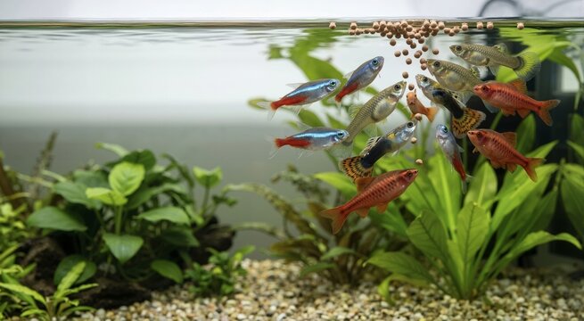 Mixed group of colorful aquarium fish eating floating food pellets at the water surface. Tropical freshwater pets including neon tetras and guppies feeding