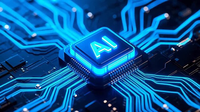 Glowing blue ai chip on circuit board