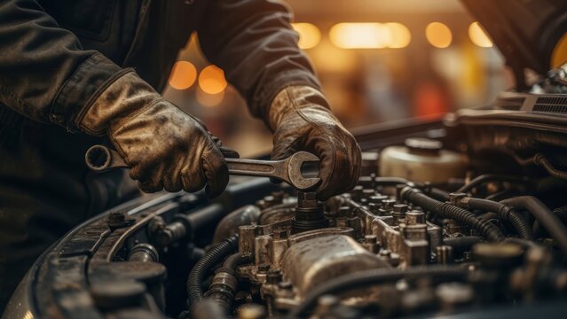 Mechanics hands with wrench working on car engine, performing maintenance and automotive repair in workshop