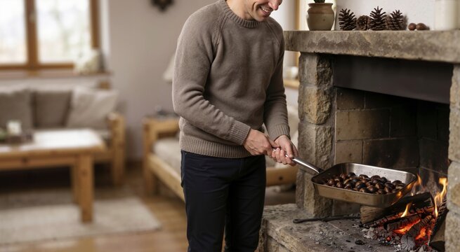 Smiling man roasting chestnuts in a metal pan over an open fire. Cozy winter lifestyle by a stone fireplace in a rustic living room