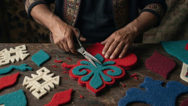 Artisan hands meticulously cutting intricate traditional patterns from colorful felt fabric using scissors on a wooden table