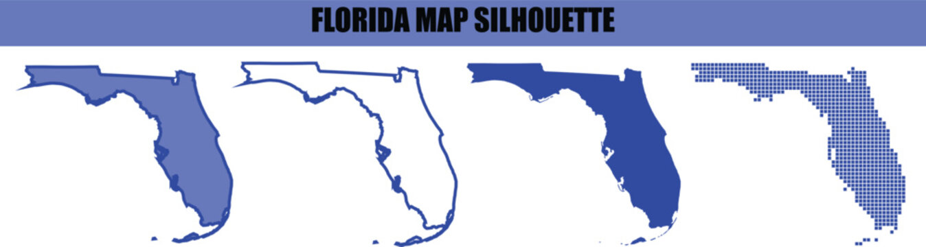 Florida state map silhouette set with various graphic styles and blue color on long banner.