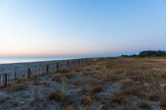 quiet Mediterranean beach with sand dunes and a wooden fence marking the protected areas, in Corsica near Bastia
