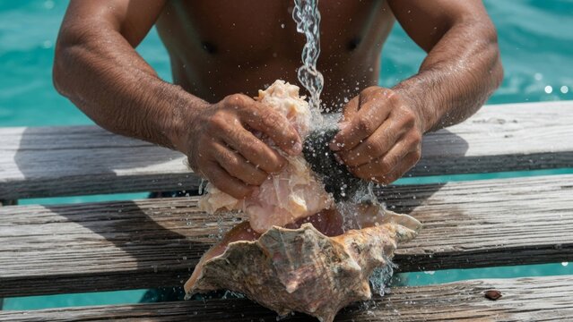 Hands washing fresh queen conch meat and shell on a wooden dock over turquoise caribbean water