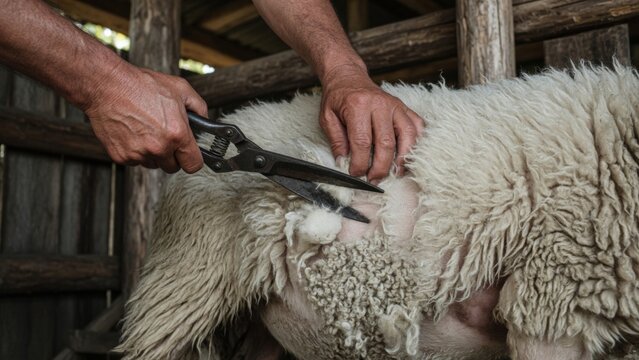 Farmer hands shearing a sheep with traditional scissors, producing wool for natural fiber textiles in a rural setting