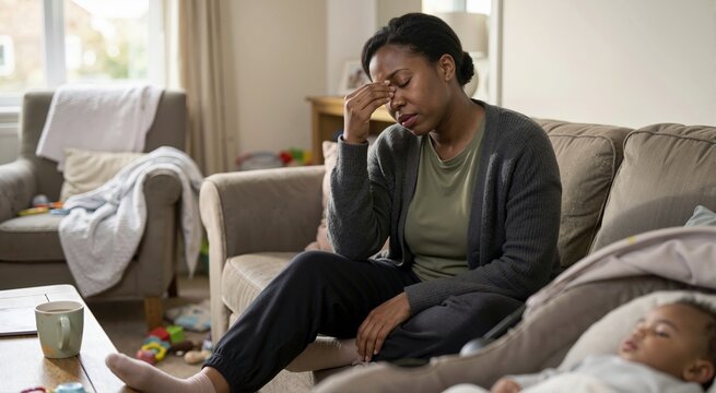 Stressed Black female parent rubbing forehead with expression of deep mental fatigue. Exhausted mother sitting on sofa with sleeping baby. Postpartum emotional burnout theme