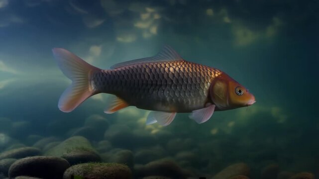 Tracking shot of large dark carp fish swimming through green murky underwater environment with rocks