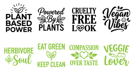 Set of eight vegan and plant based typography quotes with leaves and nature icons for healthy lifestyle Minimal Typography text bundle collection. Editable Vector Illustration Mega pack © SIMUL