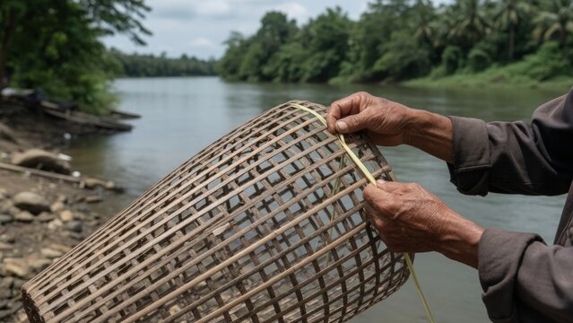 Weaving a bamboo fish trap, the artisans hands shape a traditional craft beside a tranquil tropical river