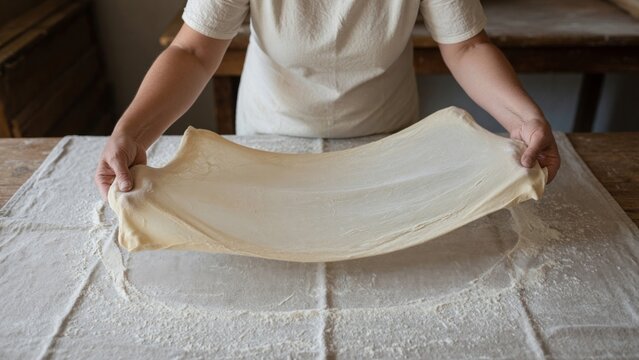 Hands stretching homemade dough on a linen cloth, creating a thin, elastic sheet for baking traditional pastry