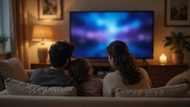 Family enjoying movie night together on a couch at home, relaxing and watching television in a cozy living room
