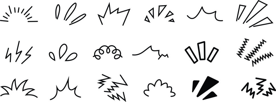 Doodle Manga Comic Rayas Expression Icon Set Collection Group, Hand Drawn Speed Lines Burst Effects Motion Elements Sketch Symbols Black Flat Line Vector Isolated on Transparent Background