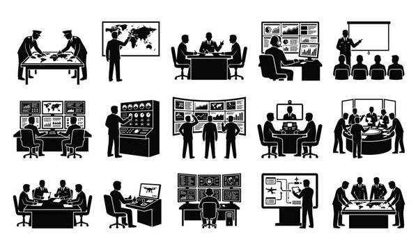 Military Command Center Icons. Defense Strategy, Intelligence Operations, Security Control, Vector Illustration Set