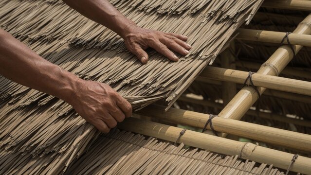 Building traditional thatch roof using natural dry grass and bamboo frame, a slow construction process