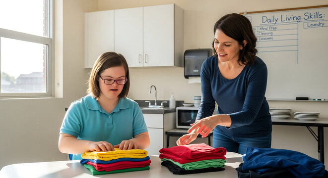A young woman with Down syndrome learns to fold colorful clothes with the help of a female instructor in a daily living skills classroom.