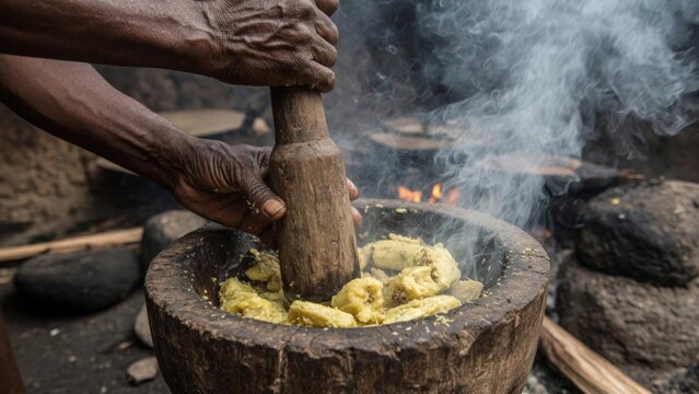 Person preparing fufu by pounding plantains in a wooden mortar, surrounded by smoke from an outdoor fire