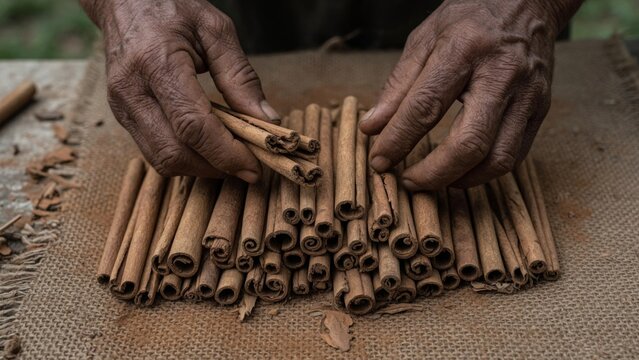 Wrinkled hands expertly sorting and stacking raw cinnamon quills on burlap, representing natural food production and spice harvesting