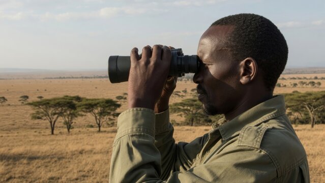African ranger looking through binoculars watching savanna wildlife for conservation and monitoring