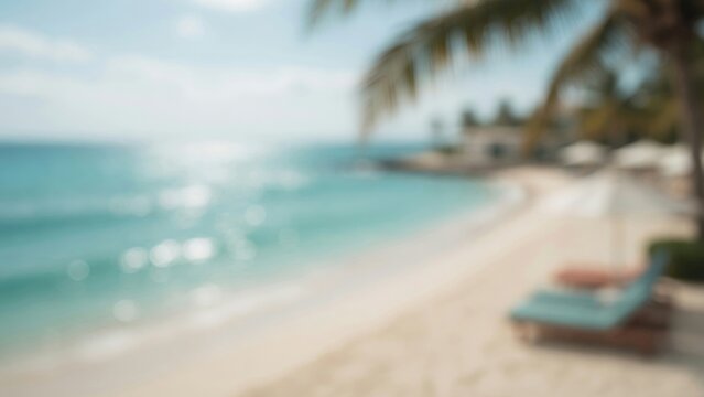 Relaxing tropical beach scene with blurry turquoise ocean, white sand, and palm trees during a sunny vacation