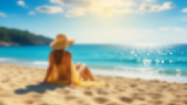 Woman relaxing on a tropical sandy beach watching the sparkling ocean under a clear summer sky