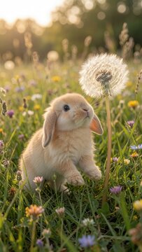 Cute bunny rabbit looking up at a dandelion puff in a green meadow with golden hour sunlight