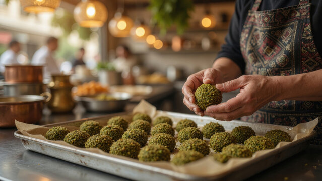 Chef's hands forming falafel balls, preparing healthy middle eastern street food cuisine in a professional kitchen