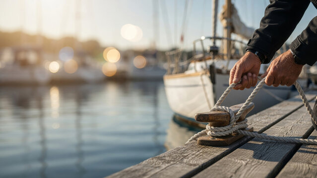 Sailor hands mooring a boat to a wooden dock cleat, securing a sailing yacht in a marina at sunset