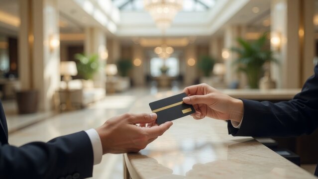 Customer making payment for luxury hotel stay, presenting a credit card at the reception desk for check in service