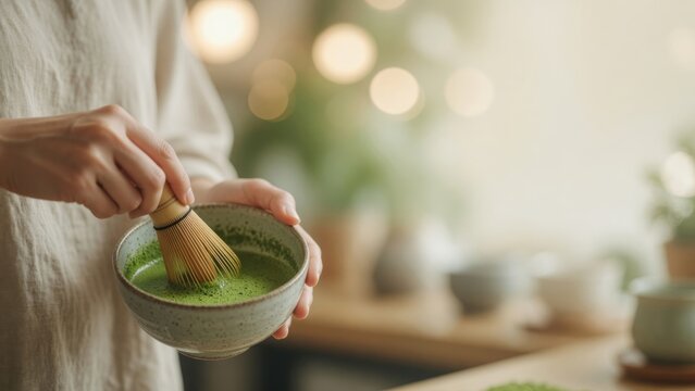 Person preparing matcha green tea, whisking traditional japanese beverage for antioxidant rich healthy drink