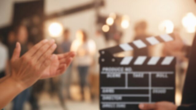 People clapping on a film set, celebrating a scene wrap with a clapperboard in the background