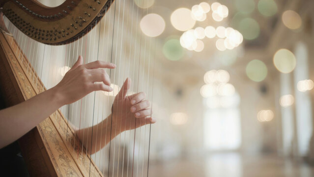 Hands playing enchanting harp music in a elegant ballroom, strings vibrating, creating classical melodies at a concert event
