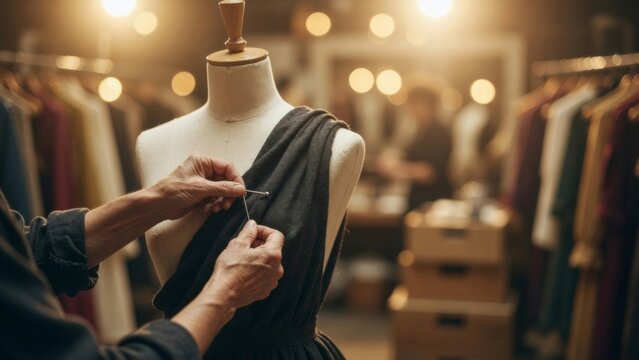 Fashion designer's hands pinning fabric onto a mannequin, creating a dress in a glowing atelier