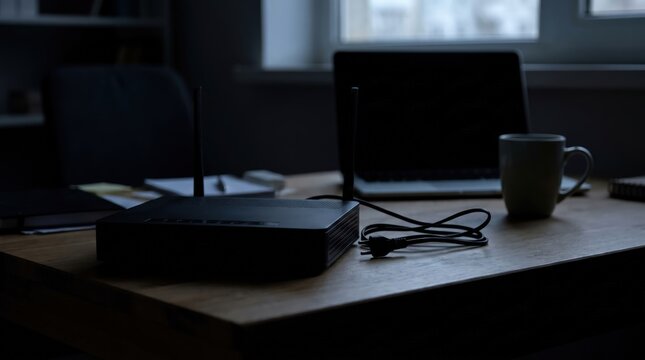 Home internet router during network outage in a dark office, digital disruption, communication failure, remote work interruption, technology crisis.