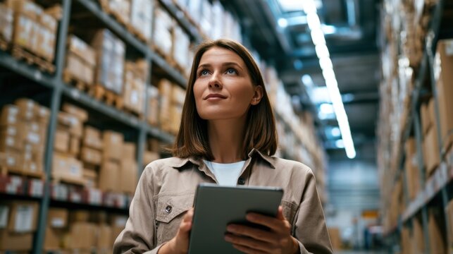 Young woman warehouse worker using digital tablet to check inventory and stock organization surrounded by shelves with boxes in large industrial storage facility