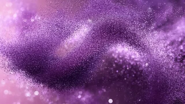 Static shot of purple violet glitter particles slowly drifting and sparkling on bokeh purple background