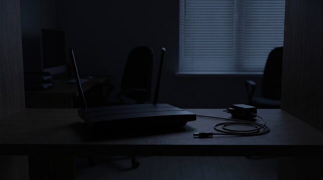 Home internet router during network outage in a dark office, digital disruption, communication failure, remote work interruption, technology crisis.