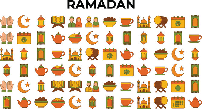 Ramadan kareem flat icons collection featuring islamic holy month symbols mosque lantern crescent moon and drum vectors