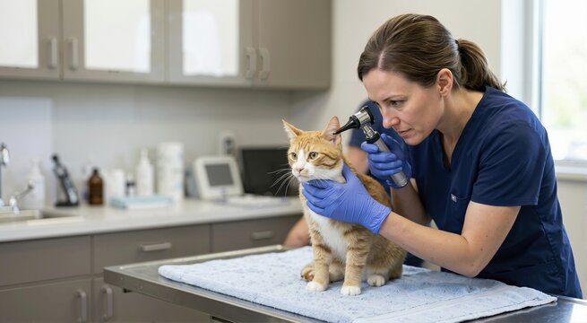 Veterinarian examining cat ears with an otoscope in a clinic. Female vet doctor checking a pet tabby cat