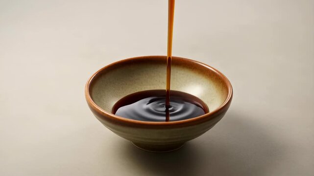 Static shot of dark soy sauce streaming and pouring into ceramic stoneware bowl on light beige background
