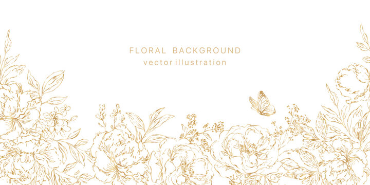 Flower line art background. Floral frame leaf pattern. Gold wedding card botanical elegant luxury border. Golden outline spring corner. Vector illustration