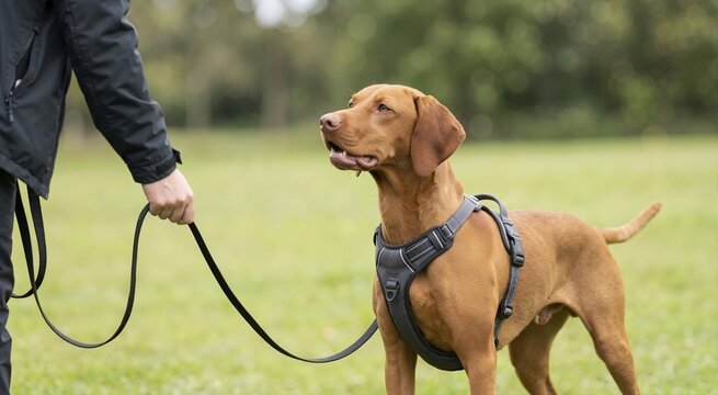 Brown dog wearing a grey harness during outdoor training. Attentive pet on a leash standing on grass in a park. Obedience and pet care concept