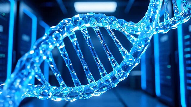 Glowing blue dna helix in server room
