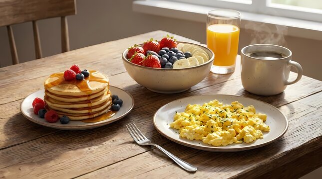 Breakfast table with pancakes, scrambled eggs, fruit, and hot coffee.