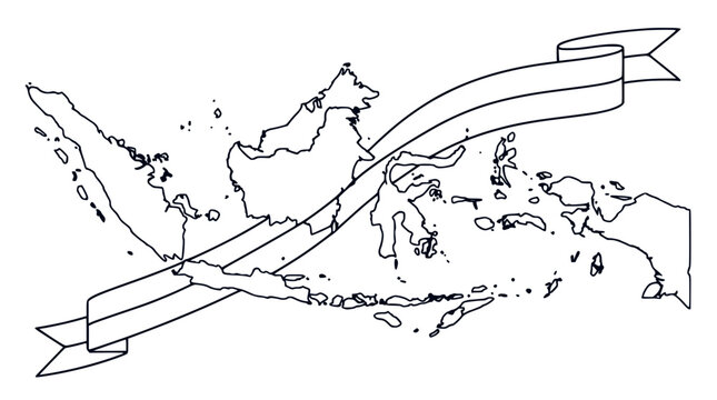 Minimalist outline map of Indonesian archipelago with long flowing celebration ribbon