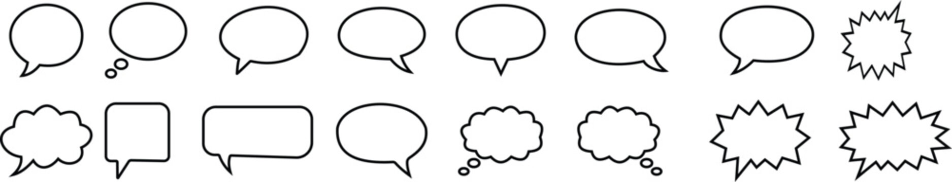 Doodle speech bubble icon set collection group with comic chat dialog message balloons, thought cloud, caption frame, text box, communication symbols isolated on transparent background