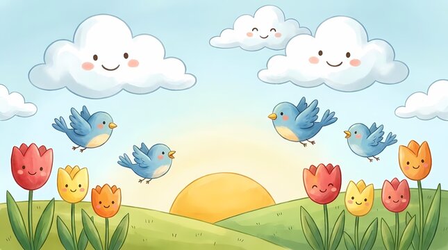 Cartoon spring landscape with birds and sun.