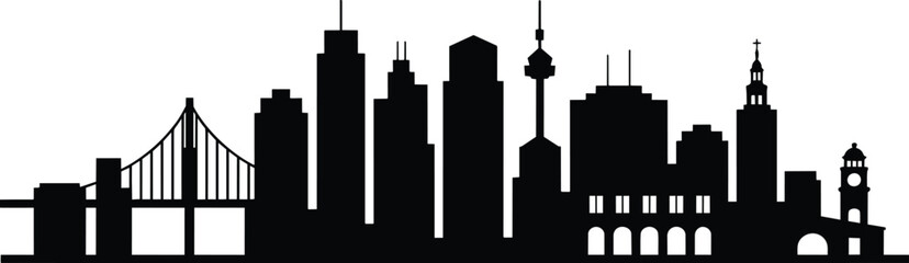 City skyline silhouette featuring high-rise buildings, an observation tower, a large cable-stayed bridge and historic church steeple and urban life © Laila