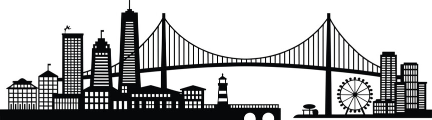City skyline silhouette featuring high-rise buildings, an expansive suspension bridge, a scenic harbor pier © Laila