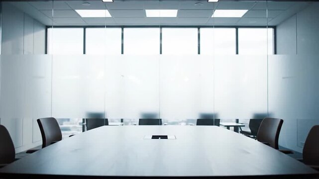 A modern empty conference room with a large wooden table