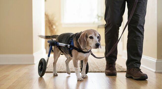 Elderly Beagle dog walking indoors with a blue mobility wheelchair. Disabled senior pet on a leash supported by a two-wheeled cart. Animal rehabilitation and care concept